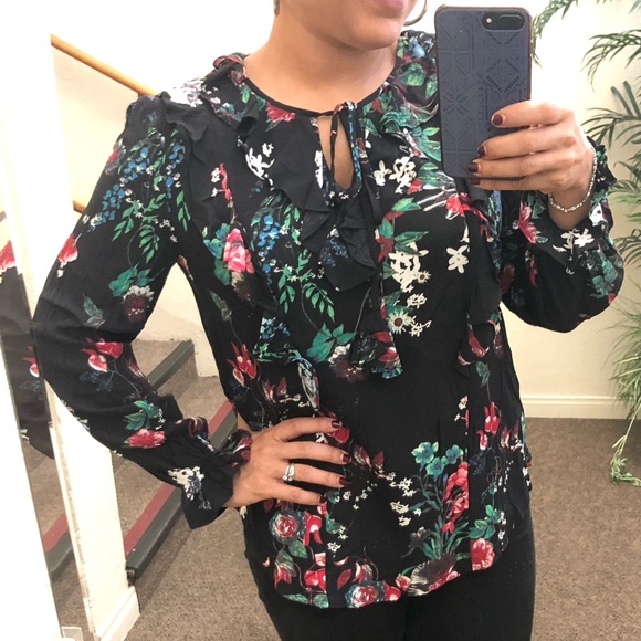 Black long sleeve yolk-tie floral tunic, sz M - Picture 3 of 8